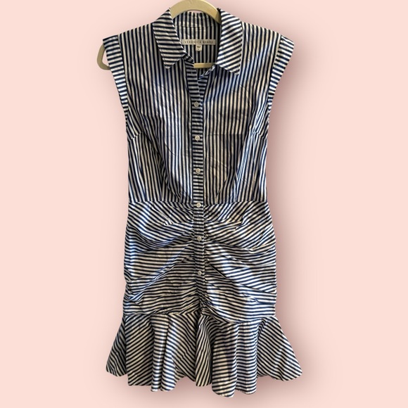 Veronica Beard Striped Ruched Shirt Dress Blue White Cotton - Picture 2 of 8